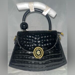 Black Croc Embossed Structured Bag – Gold Logo Accent